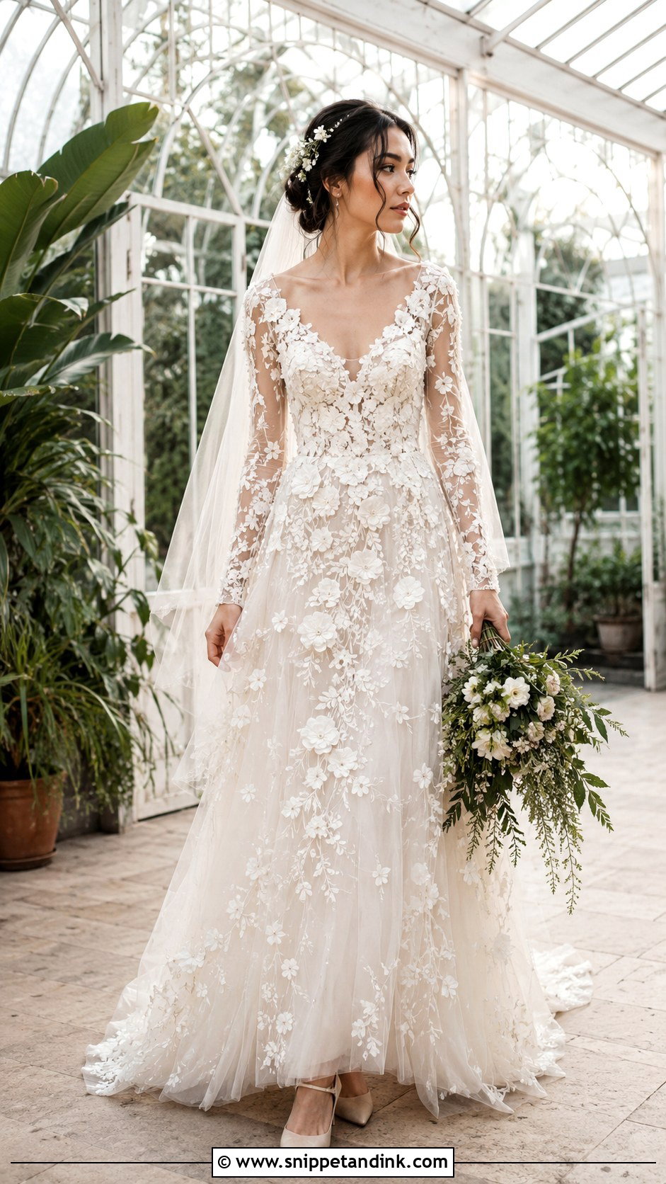Floral Applique Long Sleeve Wedding Dress - Snippet and Ink - 20 Fairytale Wedding Dress Long Sleeve Ideas