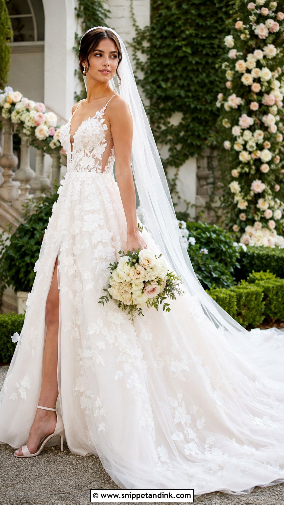 Floral Applique Long Train Wedding Dress - Snippet and Ink - 25 Long Train Wedding Dresses