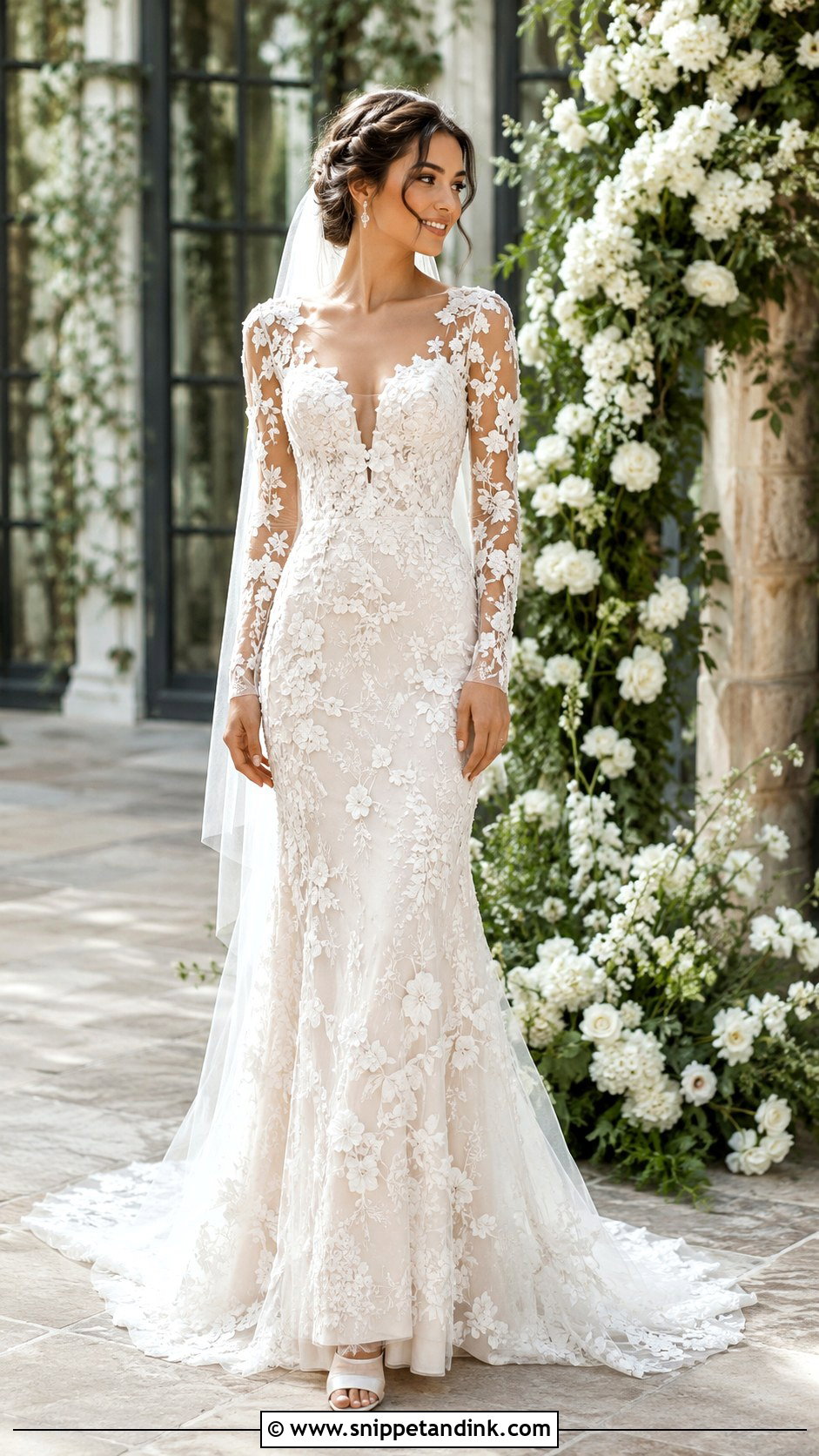 Floral Applique Mermaid Wedding Dress With Sleeves - Snippet and Ink - 30 Mermaid Wedding Dress with Sleeves