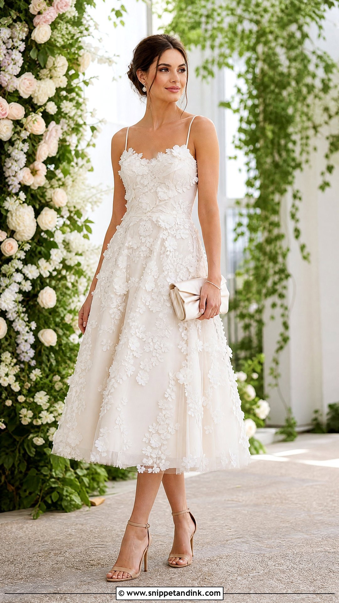 Floral Applique Midi Bridal Dress With Nude Heels - Snippet and Ink - 25 Midi Bridal Dress Ideas