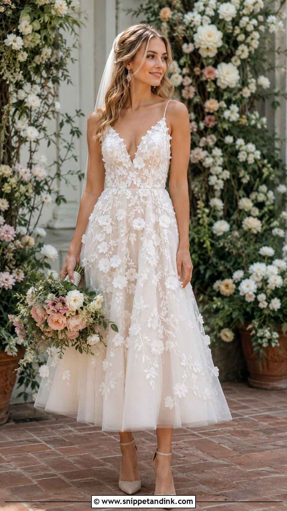Floral Applique Midi Wedding Dress - Snippet and Ink - 25 Midi Wedding Dress Tea Length Ideas