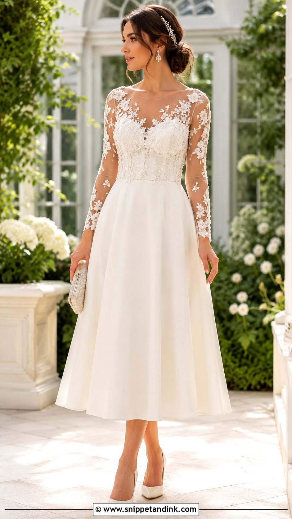 Floral Applique Midi Wedding Dress With Illusion Sleeves - Snippet and Ink - 20 Midi Wedding Dress with Sleeves