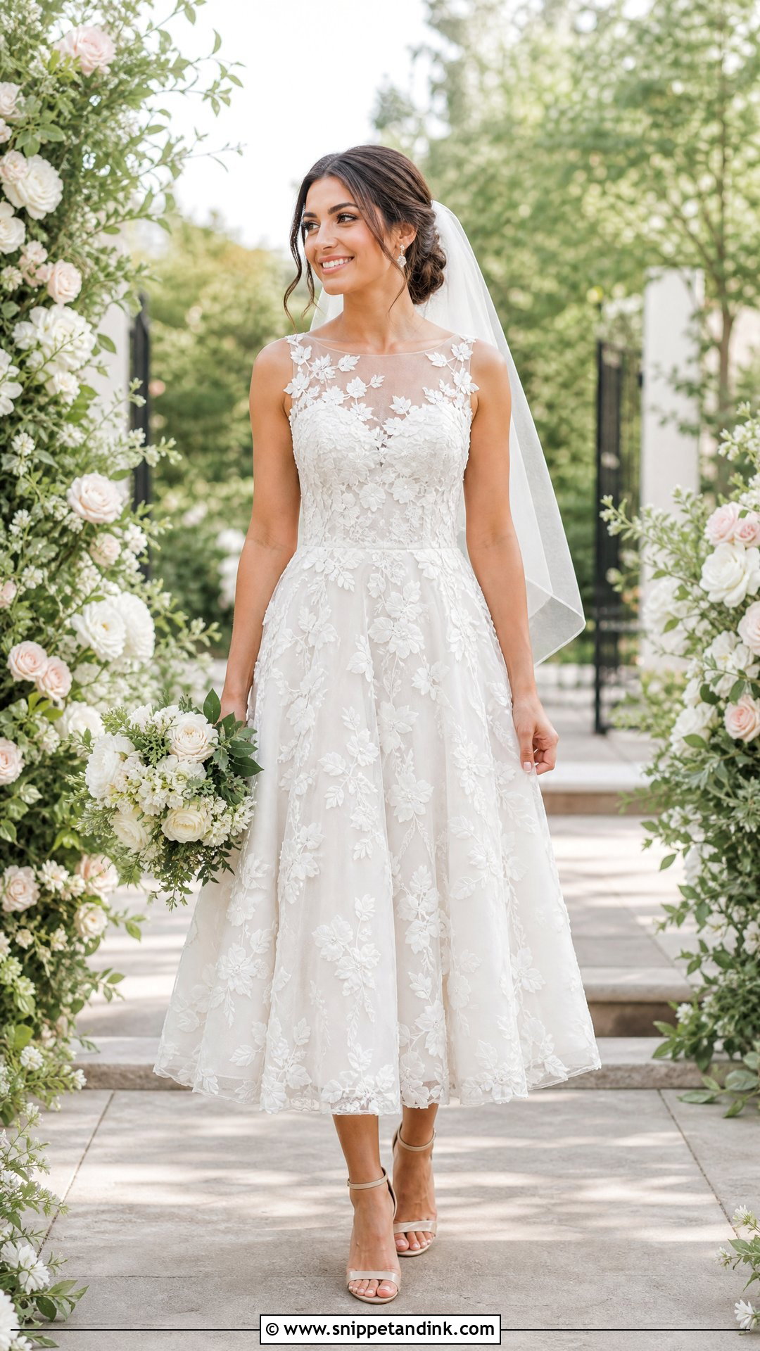 Floral Applique Midi Wedding Dress - Snippet and Ink - 25 Mid Length Wedding Dress Ideas