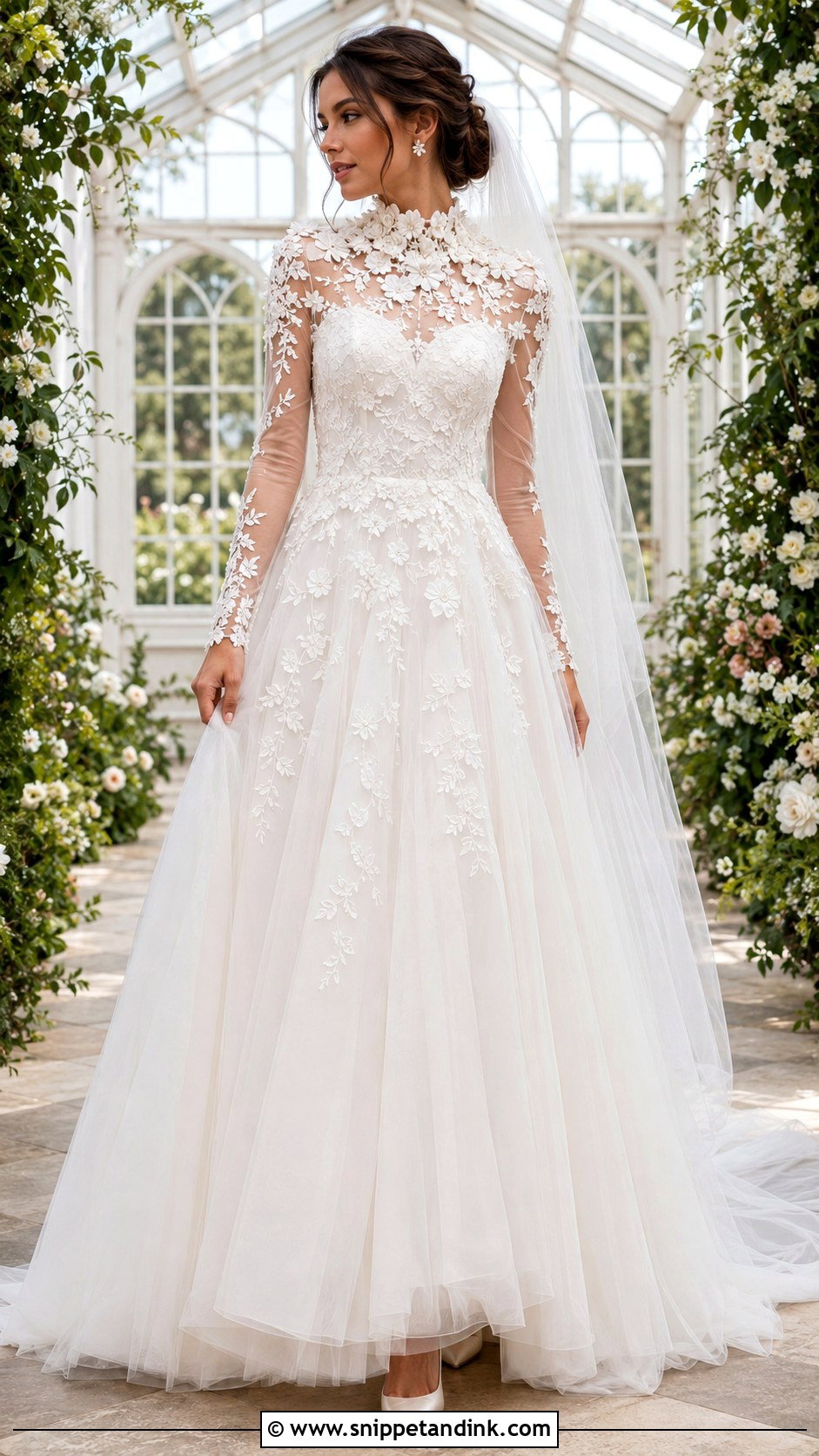 Floral Applique Mock Neck Wedding Dress - Snippet and Ink - 20 Mock Neck Wedding Dress Ideas