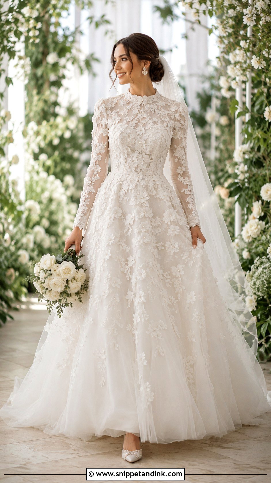Floral Applique Modest Ball Gown Wedding Dress - Snippet and Ink - 20 Modest Wedding Dresses Ball Gown