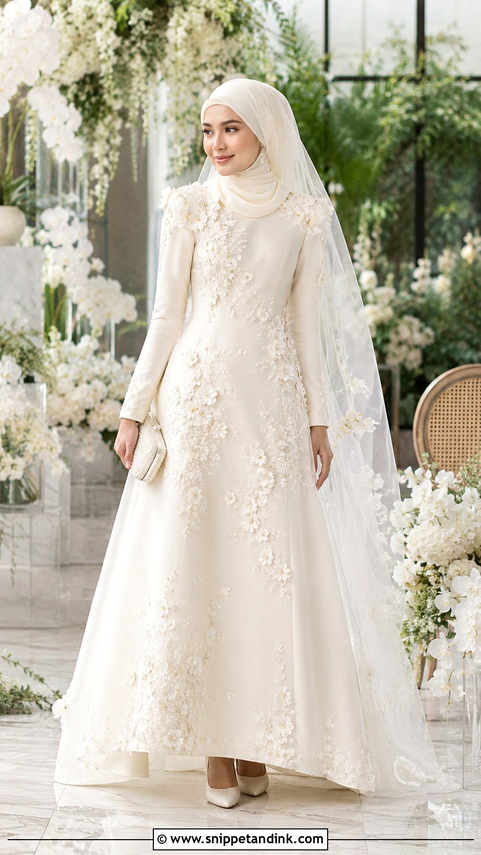 Floral Applique Muslim Wedding Gown - Snippet and Ink - 20 Malaysian Muslim Wedding Dress Ideas
