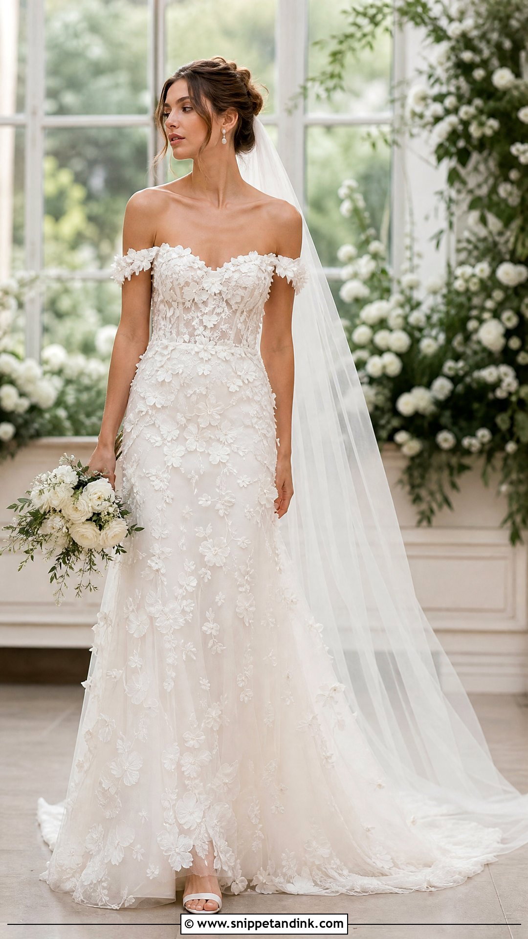 Floral Applique Off Shoulder Bridal Gown - Snippet and Ink - 20 Off Shoulder Bridal Gown Ideas