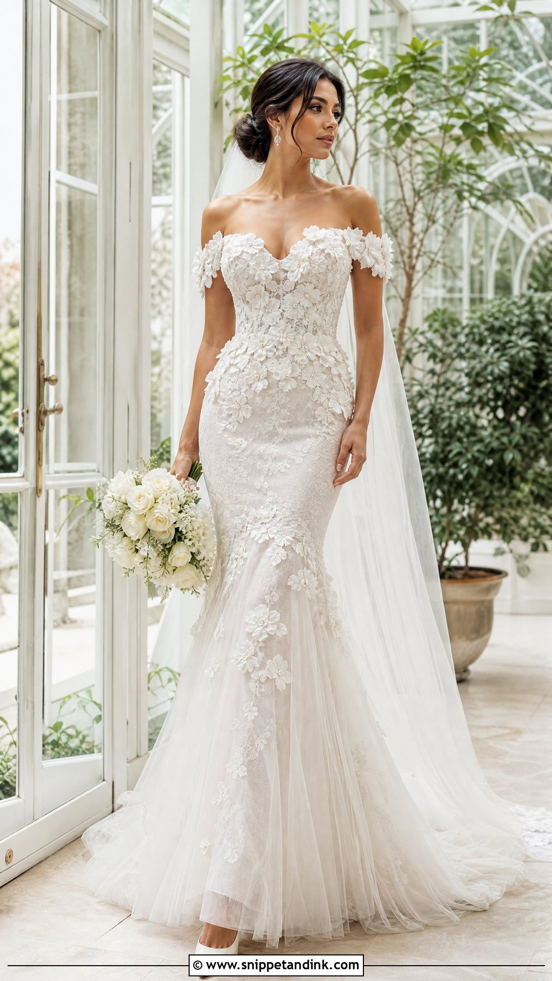 Floral Applique Off Shoulder Mermaid Wedding Dress - Snippet and Ink - 20 Off Shoulder Mermaid Wedding Dress Ideas