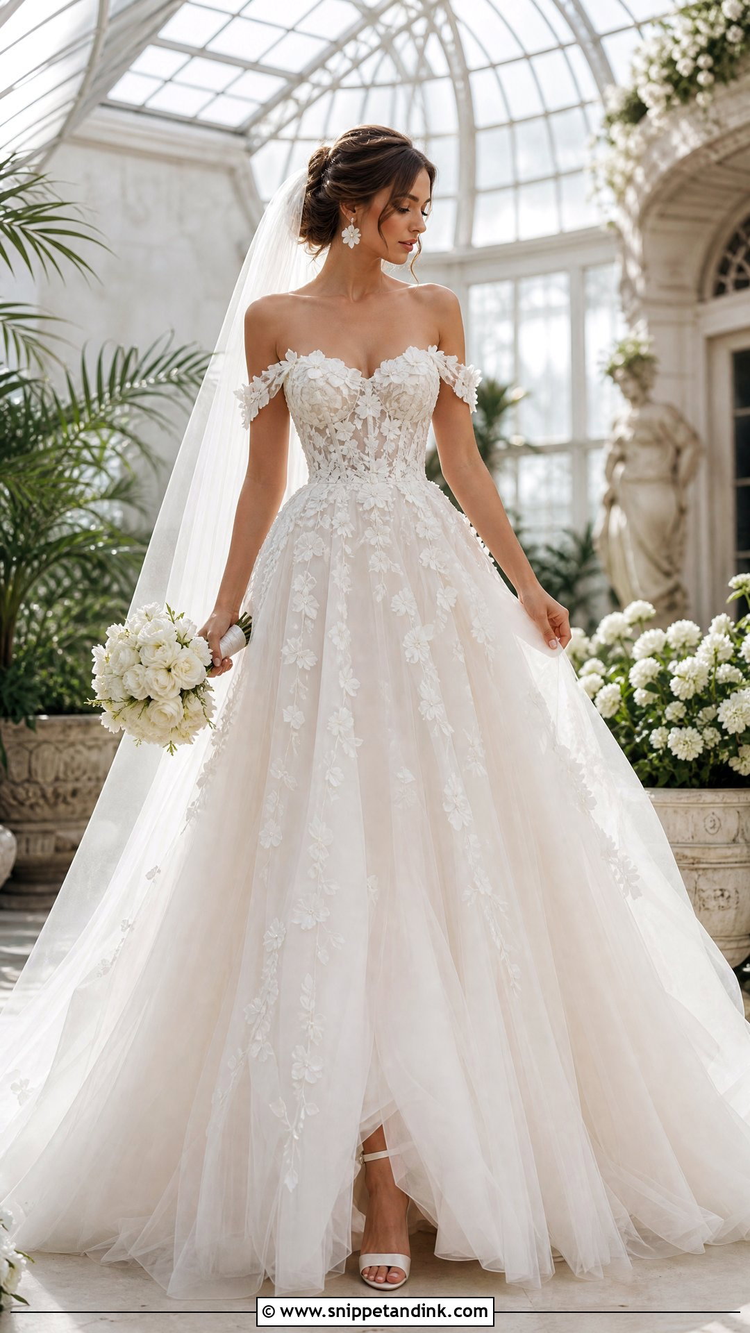 Floral Applique Off the Shoulder Ball Gown Wedding Dress - Snippet and Ink - 20 Off the Shoulder Ball Gown Wedding Dress Ideas