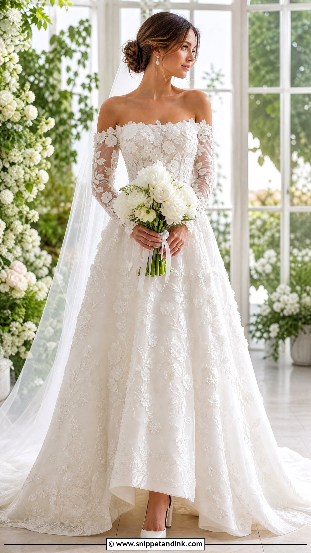Floral Applique Off the Shoulder Long Sleeve Wedding Dress - Snippet and Ink - 20 Off the Shoulder Long Sleeve Wedding Ideas
