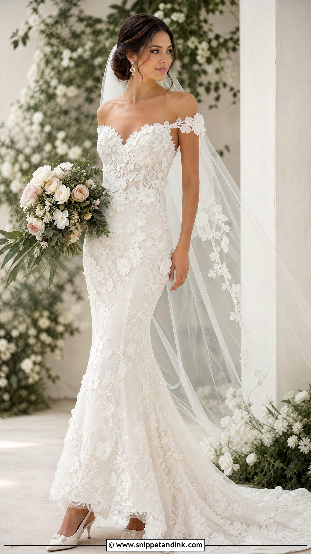 Floral Applique Off the Shoulder Mermaid Wedding Dress - Snippet and Ink - 20 Off the Shoulder Mermaid Wedding Dress Ideas