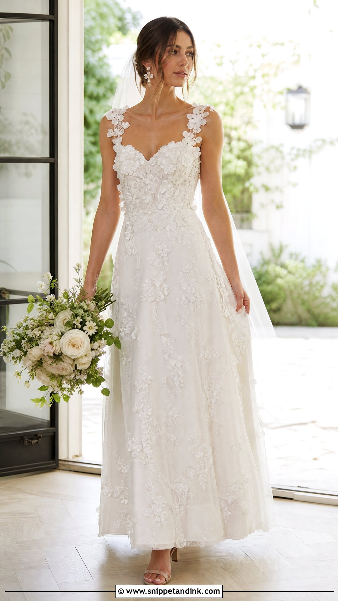 Floral Applique Over the Shoulder Wedding Dress - Snippet and Ink - 20 Over the Shoulder Wedding Dress Ideas