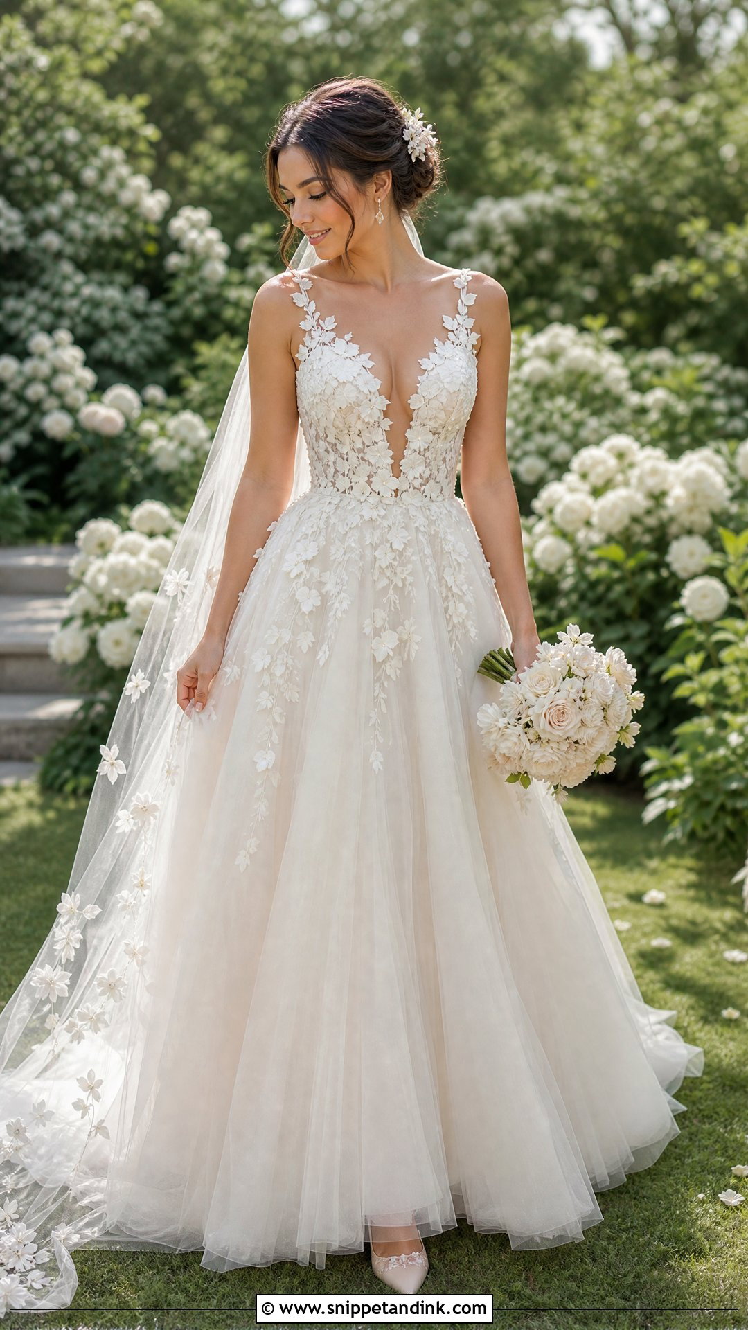 Floral Applique Plunge Neck Wedding Dress - Snippet and Ink - 20 Plunge Neck Wedding Dress Ideas