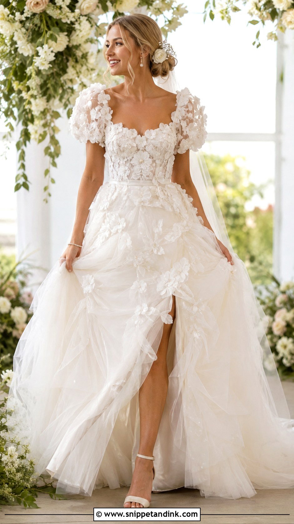 Floral Applique Puff Sleeve Wedding Dress - Snippet and Ink - 20 Big Sleeve Wedding Dress Ideas