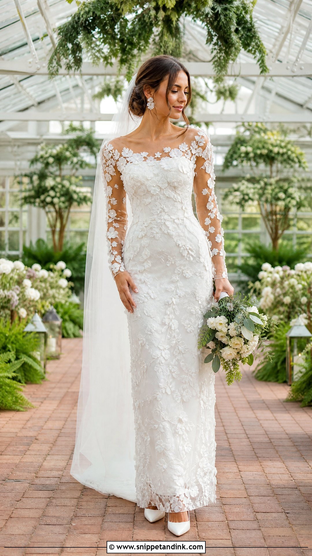 Floral Applique Sheath Wedding Dress With Sleeves - Snippet and Ink - 20 Sheath Wedding Dress with Sleeves