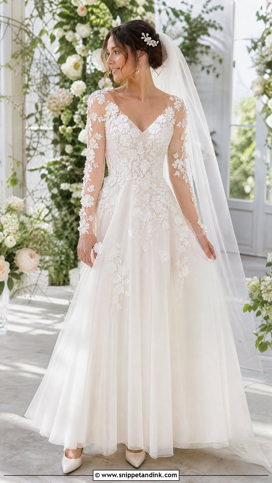 Floral Applique Sheer Sleeve Wedding Dress - Snippet and Ink - 20 Wedding Dress Sheer Sleeves