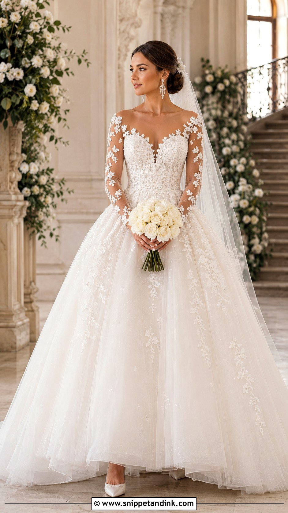 Floral Applique Sleeve Ball Gown - Snippet and Ink - 20 Bride Dress with Sleeves