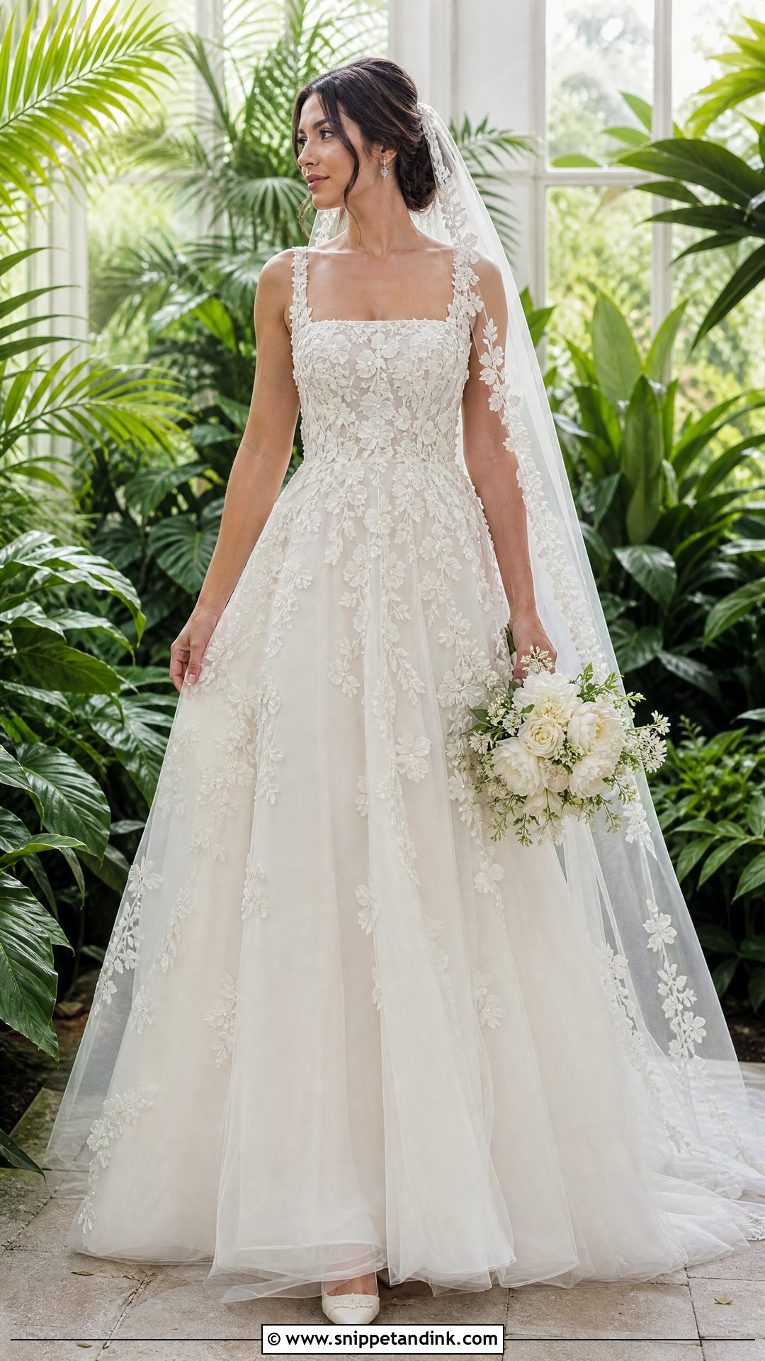 Floral Applique Square Neck A Line Wedding Dress - Snippet and Ink - 20 Square Neck Wedding Dress Aline Ideas