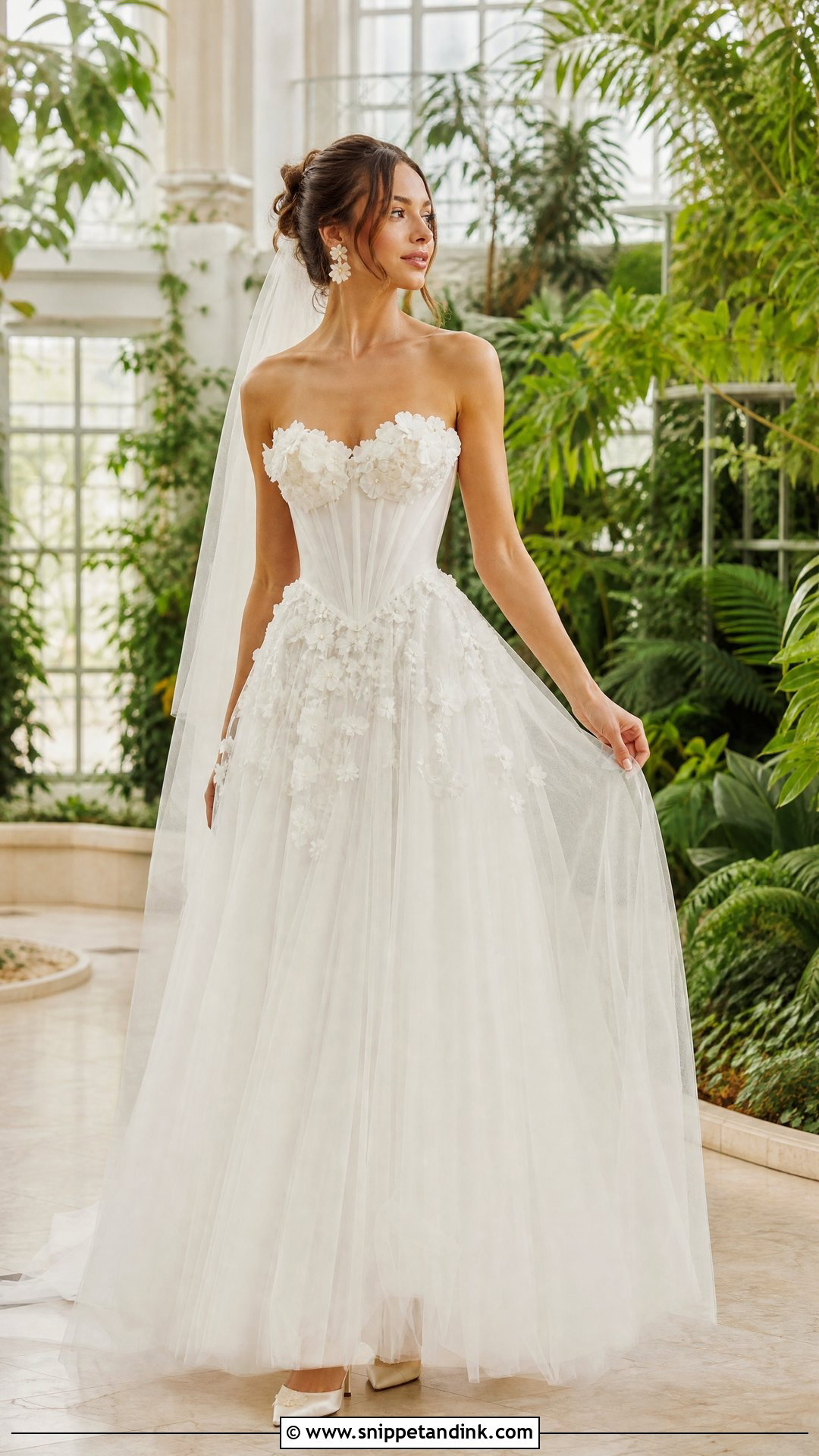 Floral Applique Strapless Basque Waist Wedding Dress - Snippet and Ink - 20 Strapless Basque Waist Wedding Dress Ideas