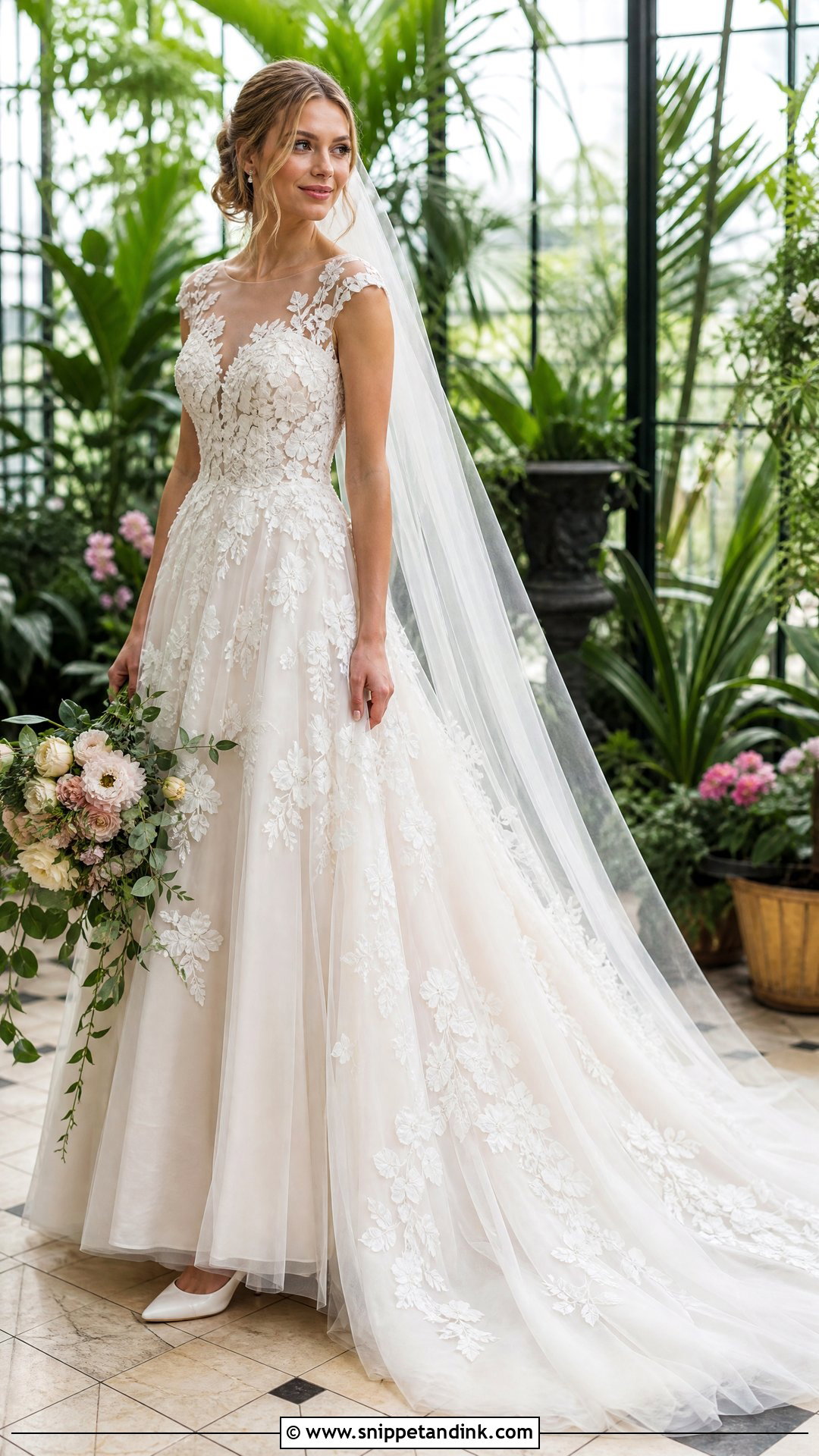 Floral Applique Sweep Train Wedding Dress - Snippet and Ink - 20 Sweep Train Wedding Dress Ideas
