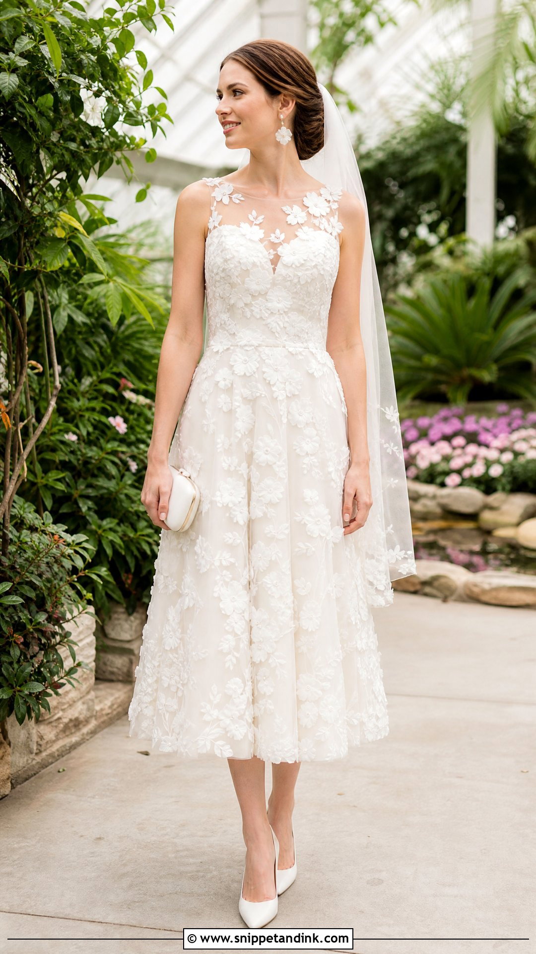 Floral Applique Tea Length Bridal Dress - Snippet and Ink - 20 Tea Length Bridal Dresses