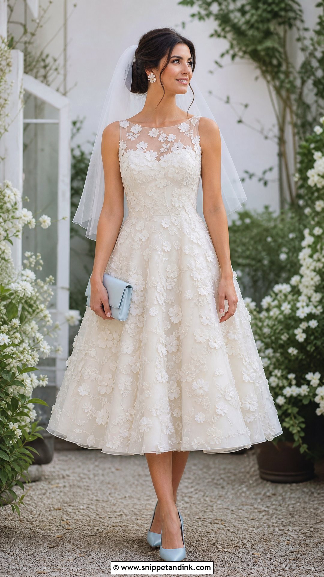 Floral Applique Tea Length Bridal Gown With Pumps - Snippet and Ink - 25 Short Bridal Gown Ideas