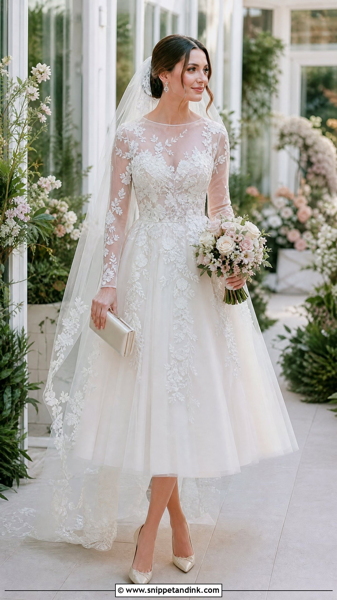 Floral Applique Tea Length Wedding Dress - Snippet and Ink - 20 Tea Length Wedding Dress with Sleeves