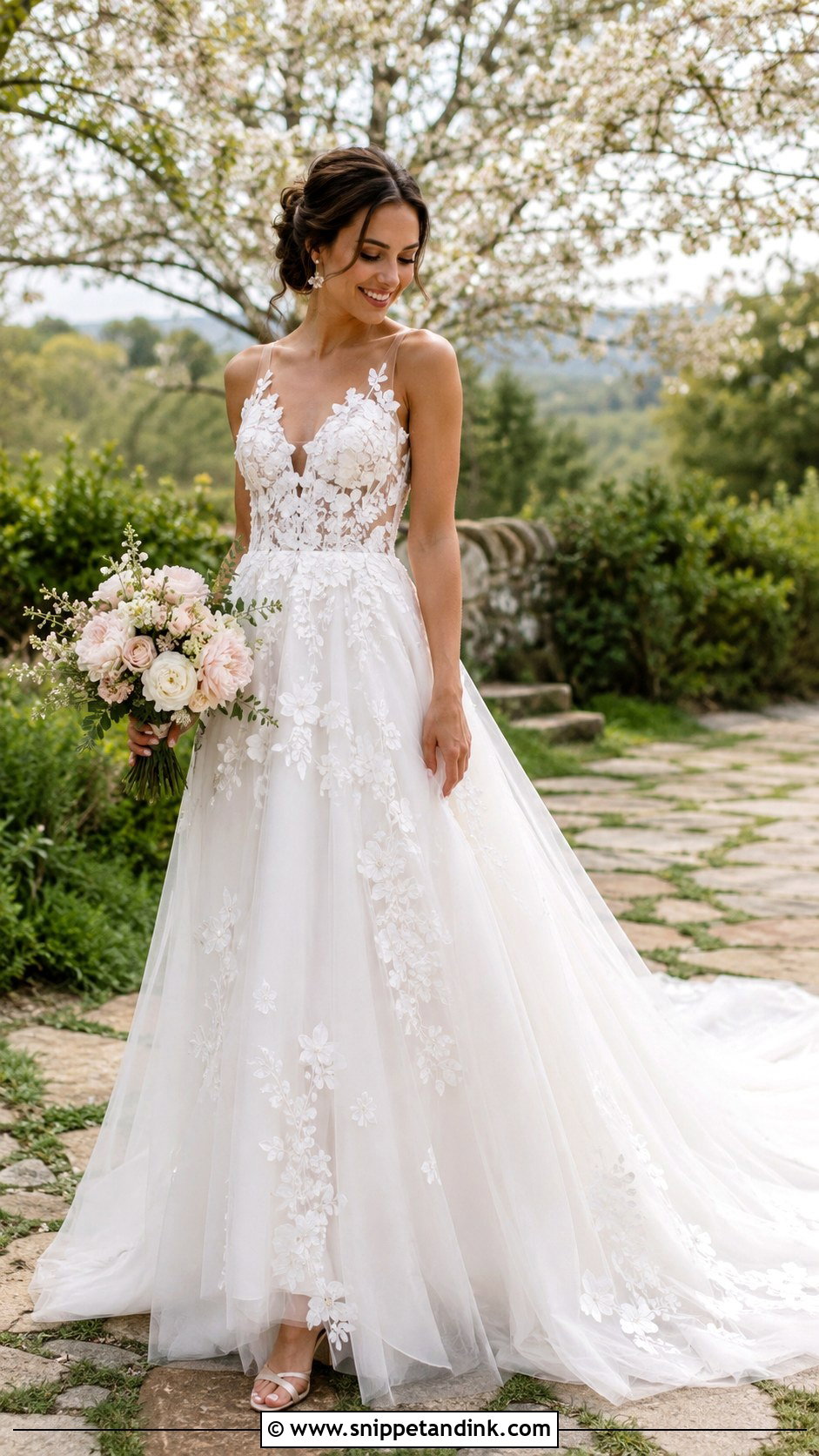 Floral Applique Train Wedding Dress - Snippet and Ink - 25 Wedding Dress Train Ideas