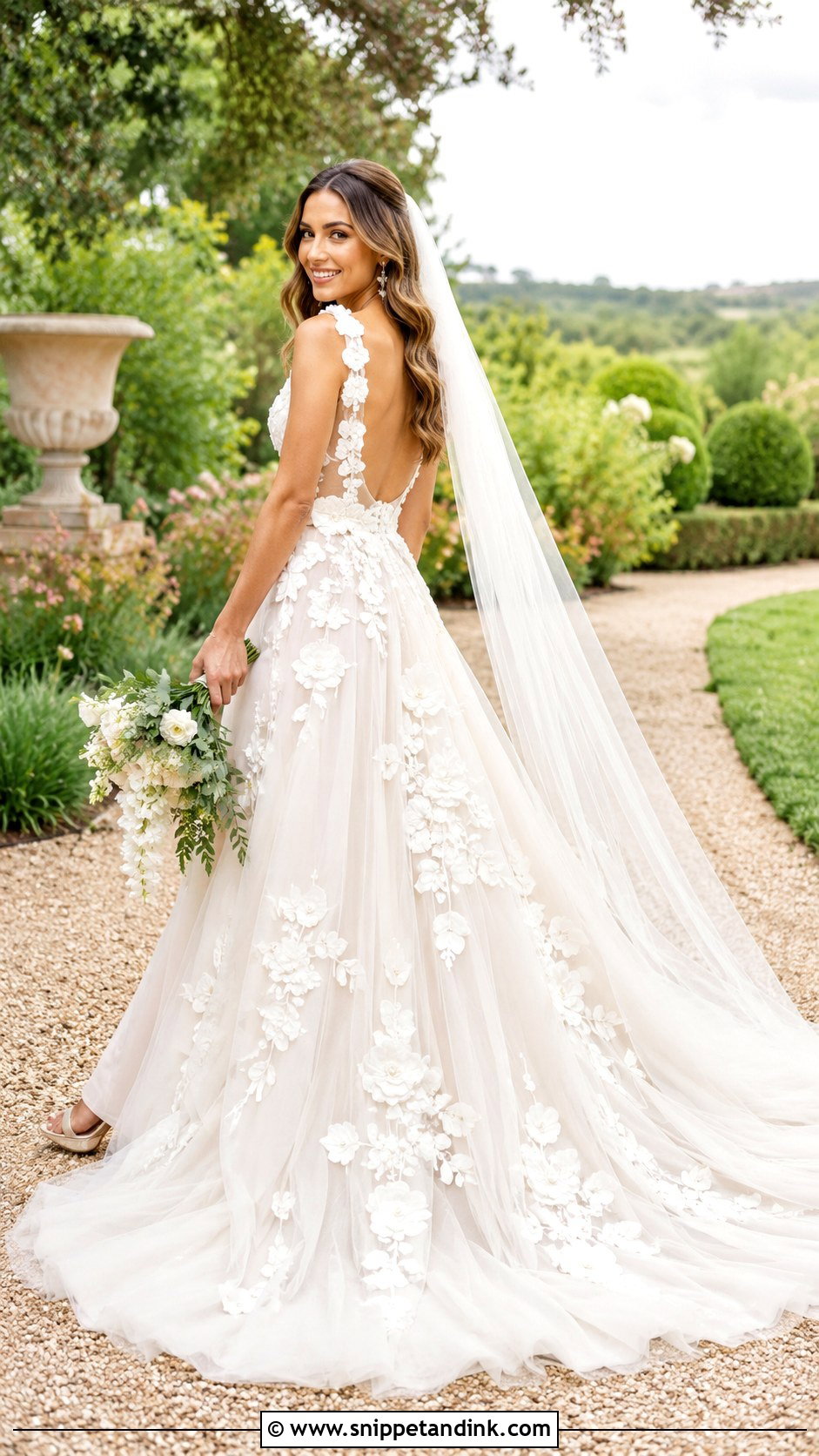 Floral Applique Train Wedding Dress - Snippet and Ink - 25 Bridal Train Styles