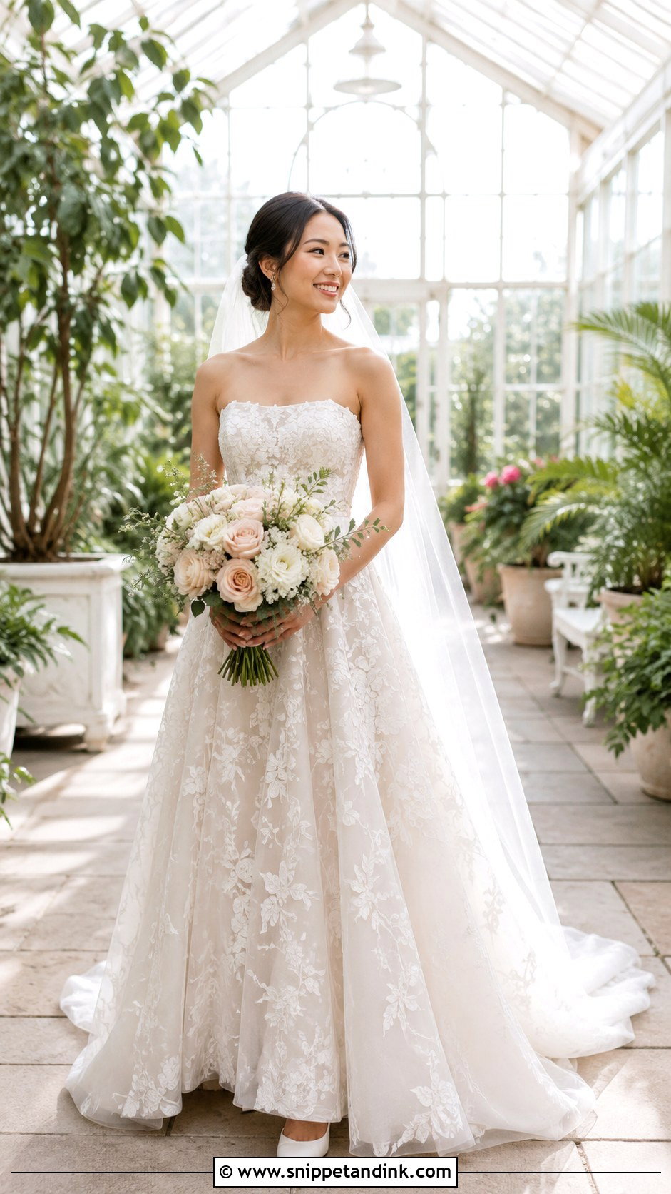 Floral Applique Tube Wedding Dress With Sheer Veil - Snippet and Ink - 20 Tube Wedding Dress Ideas
