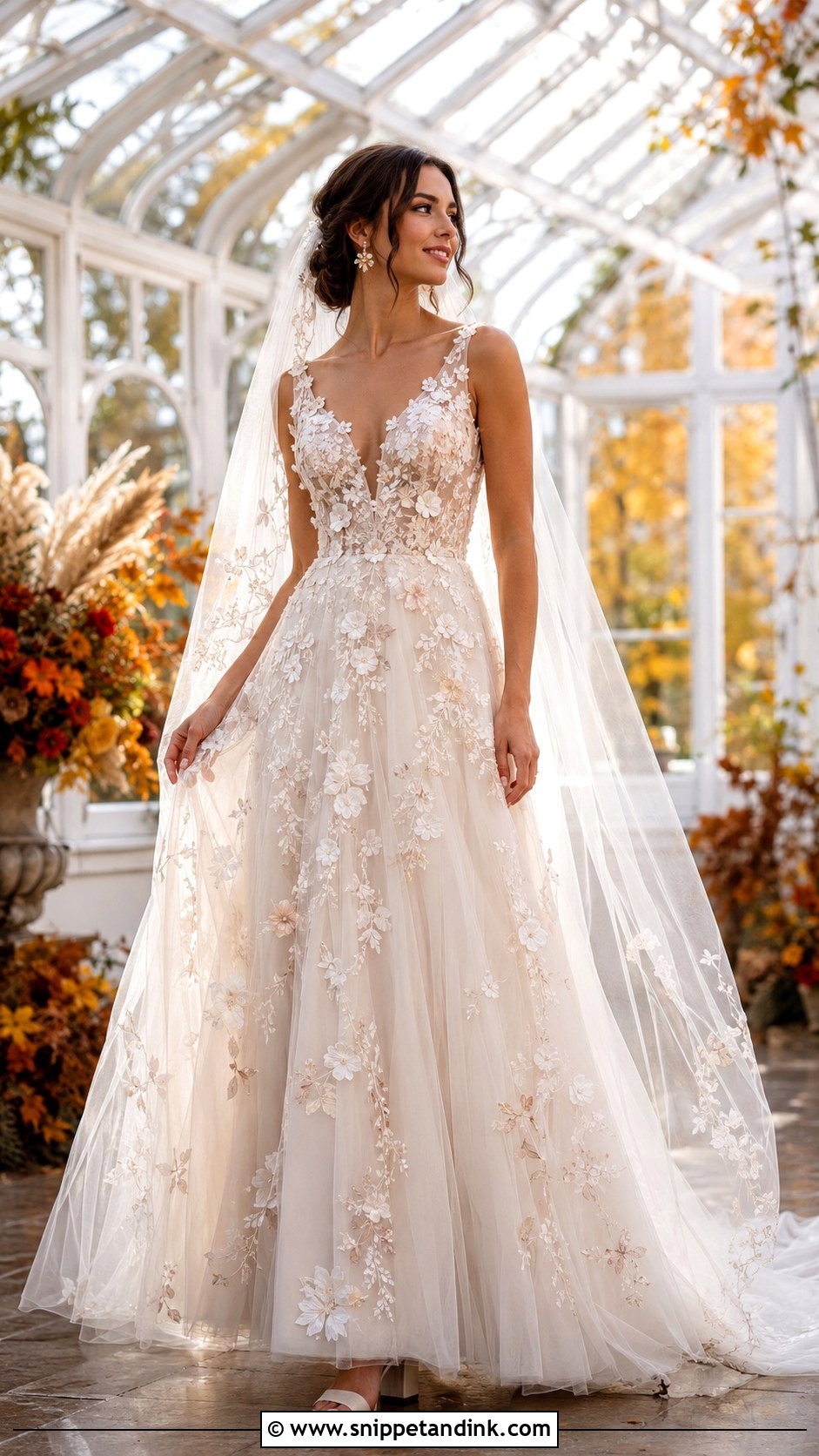 Floral Applique Tulle Fall Bridal Dress - Snippet and Ink - 20 Fall Bridal Dresses