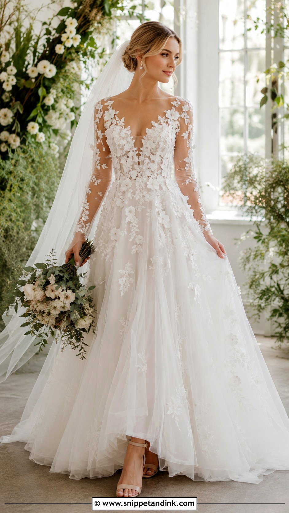 Floral Applique Tulle Long Sleeve Wedding Dress - Snippet and Ink - 20 Bride Dress Long Sleeve Ideas