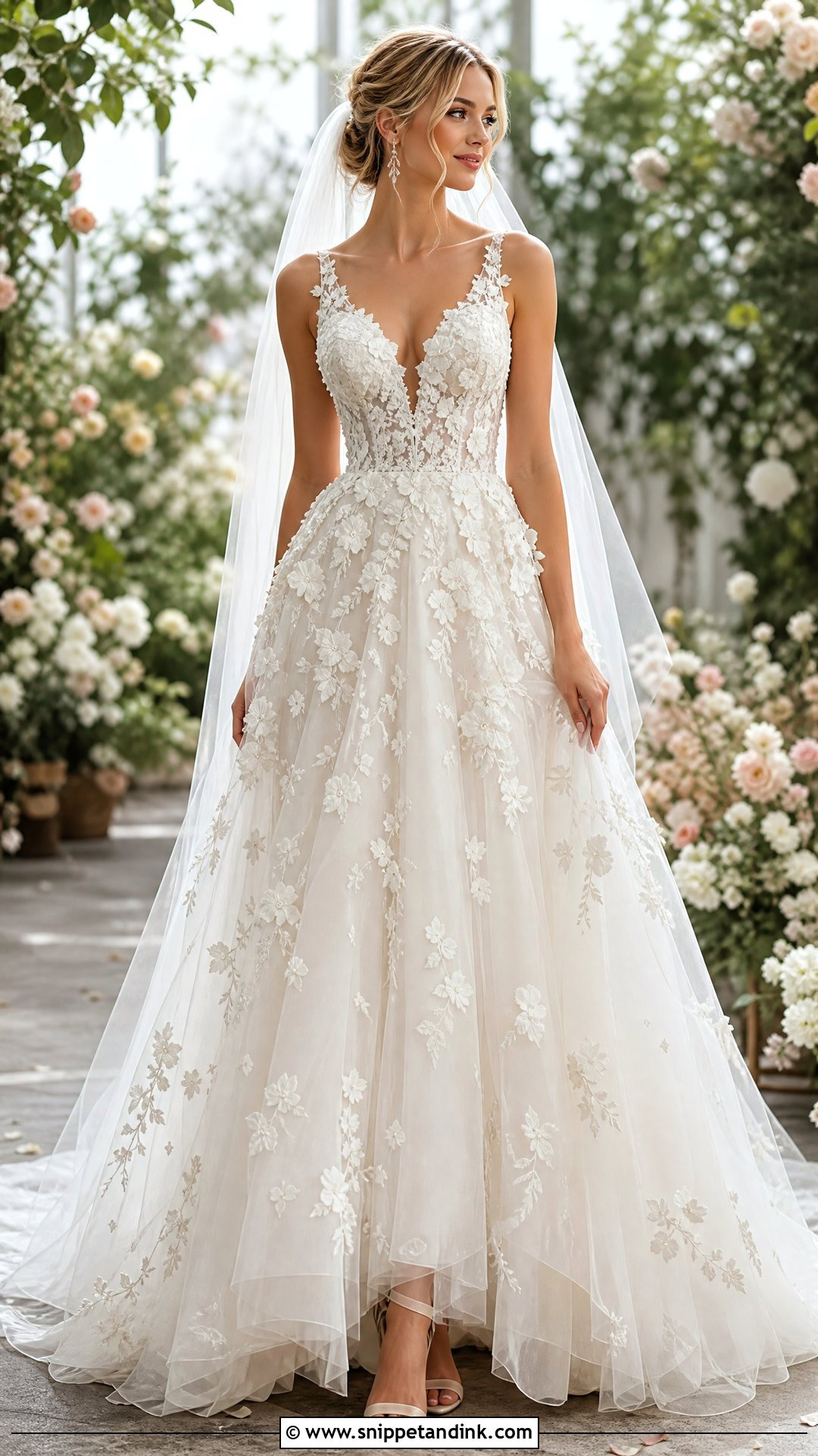 Floral Applique Tulle Wedding Dress - Snippet and Ink - 20 Wedding Dress Without Sleeves