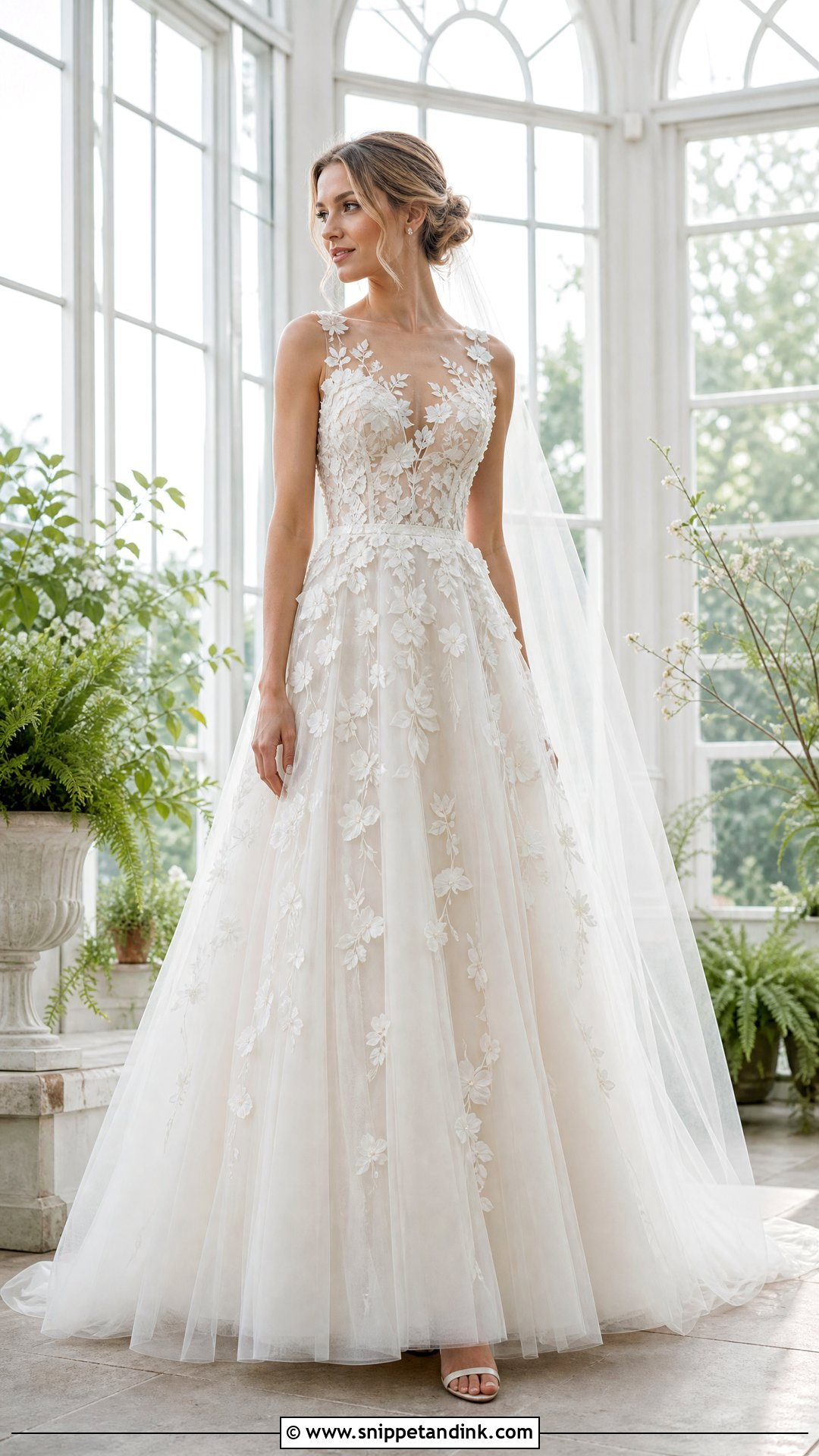 Floral Applique Tulle Wedding Dress - Snippet and Ink - 20 Wedding Dresses No Sleeves