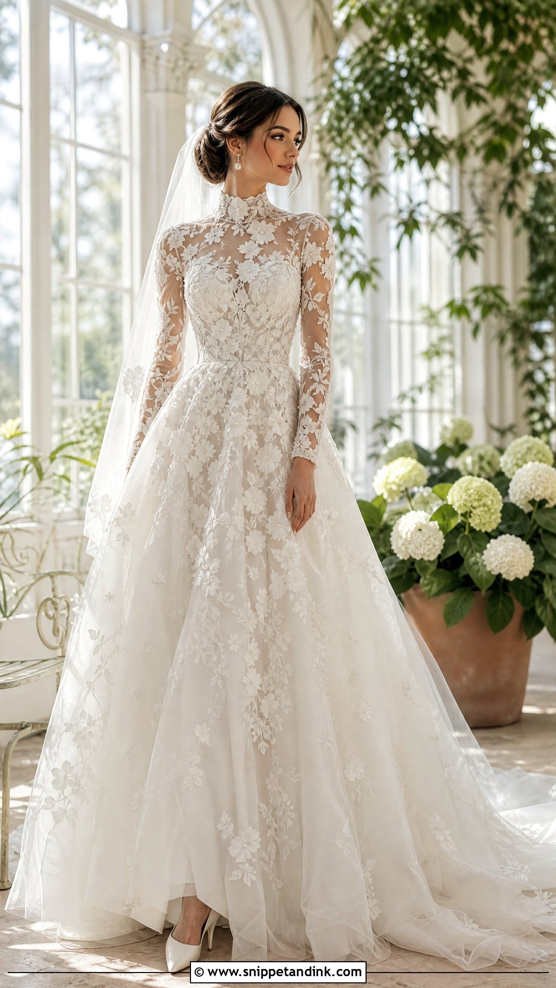 Floral Applique Turtle Neck Wedding Gown - Snippet and Ink - 20 Turtle Neck Wedding Gown Ideas