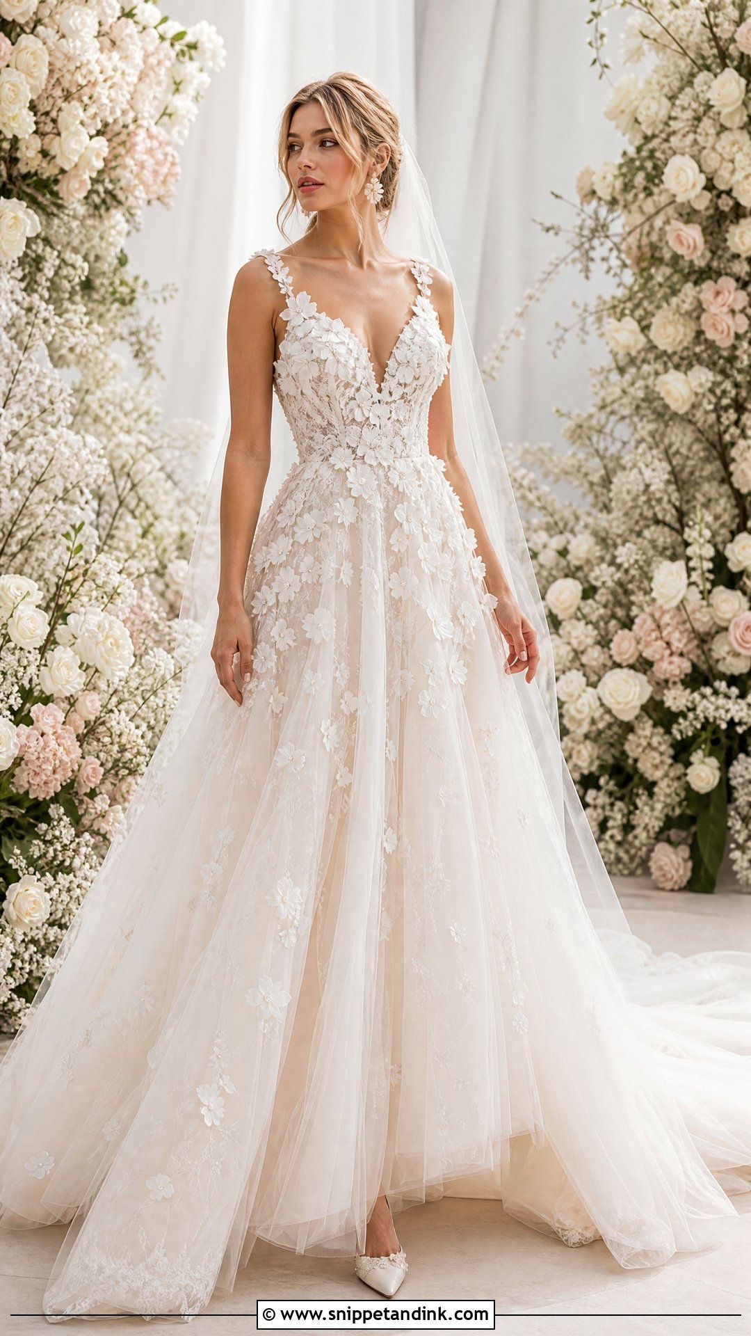 Floral Applique V Neck Bridal Gown - Snippet and Ink - 20 V Neck Bridal Gown Ideas