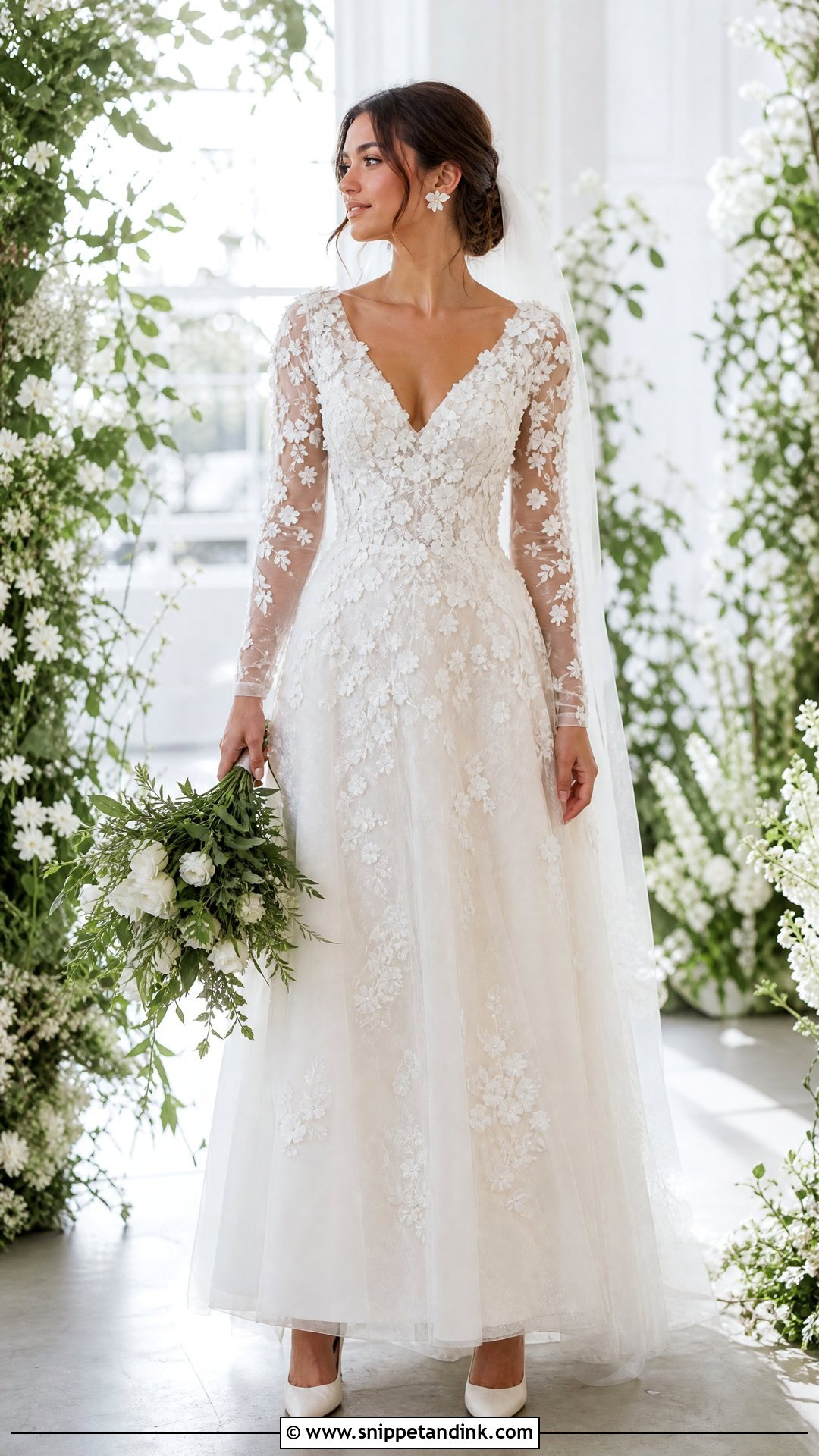 Floral Applique V Neck Wedding Dress - Snippet and Ink - 20 V Neck Wedding Dress with Sleeves
