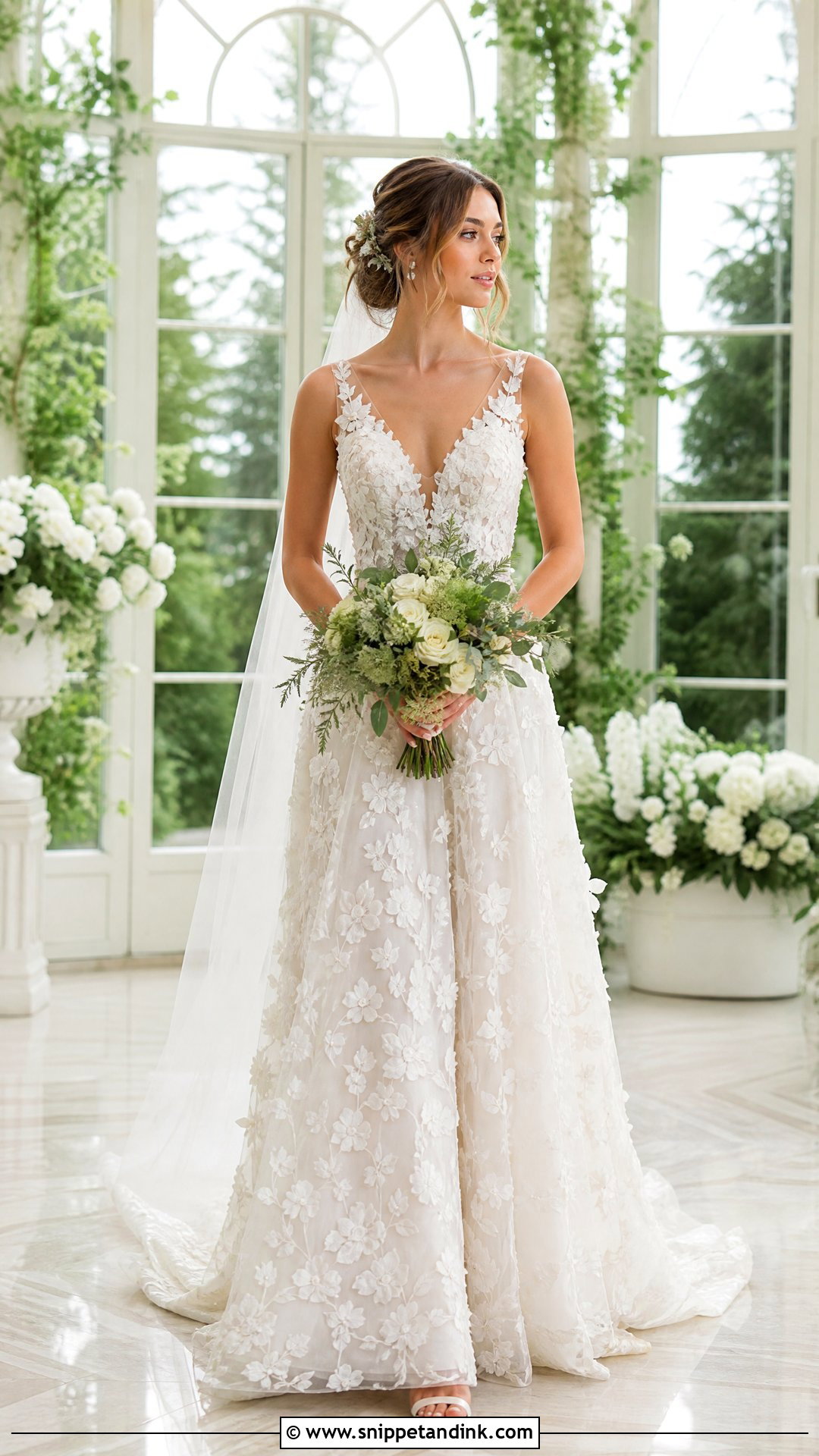 Floral Applique V Neck Wedding Dress - Snippet and Ink - 25 Wedding Dresses V Neck