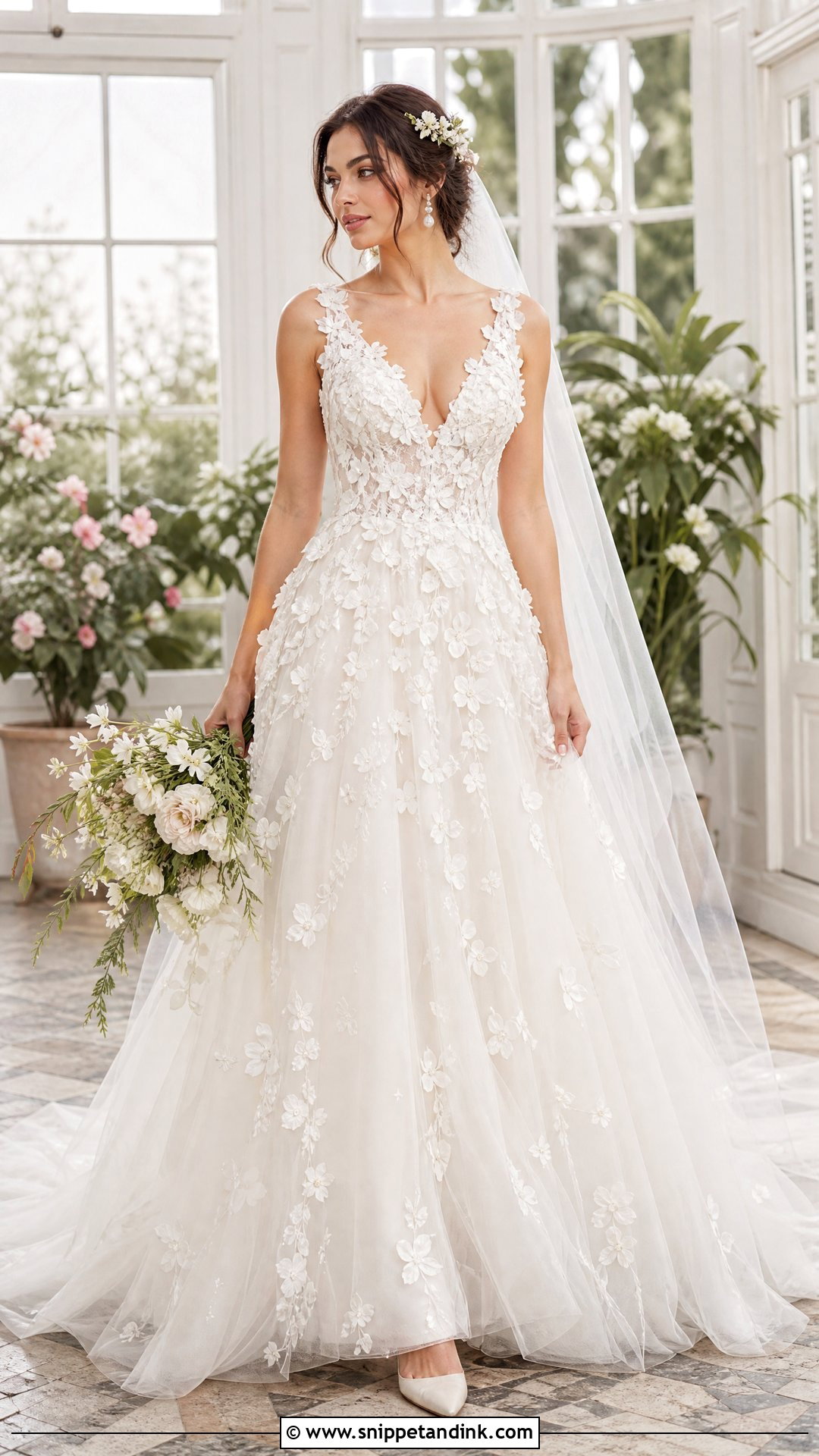 Floral Applique V Neck Wedding Gown - Snippet and Ink - 20 V Neck Wedding Gown Ideas
