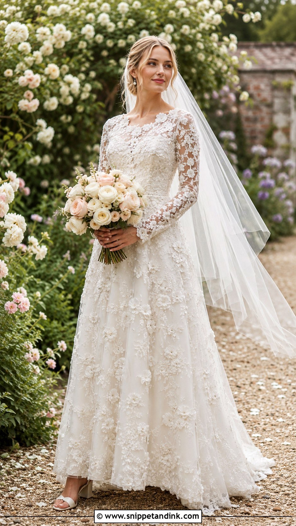 Floral Applique Wedding Dress - Snippet and Ink - 20 Lilly Collin’s Wedding Dress Ideas
