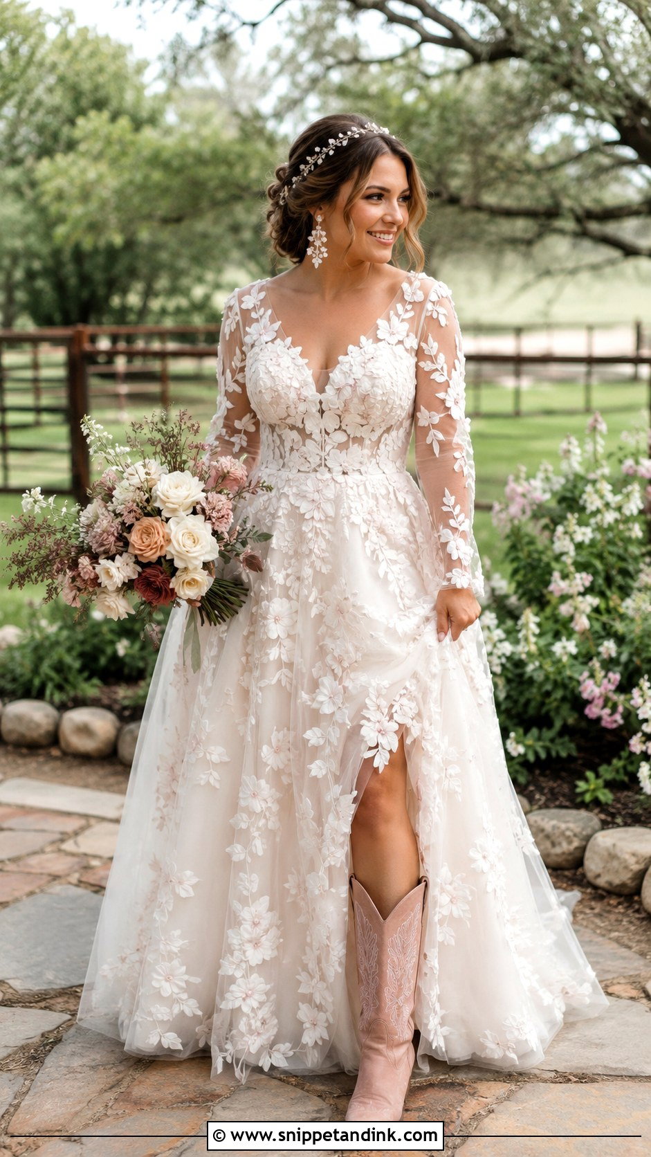 Floral Applique Wedding Dress With Blush Cowboy Boots - Snippet and Ink - 20 Bride Cowboy Boots Ideas
