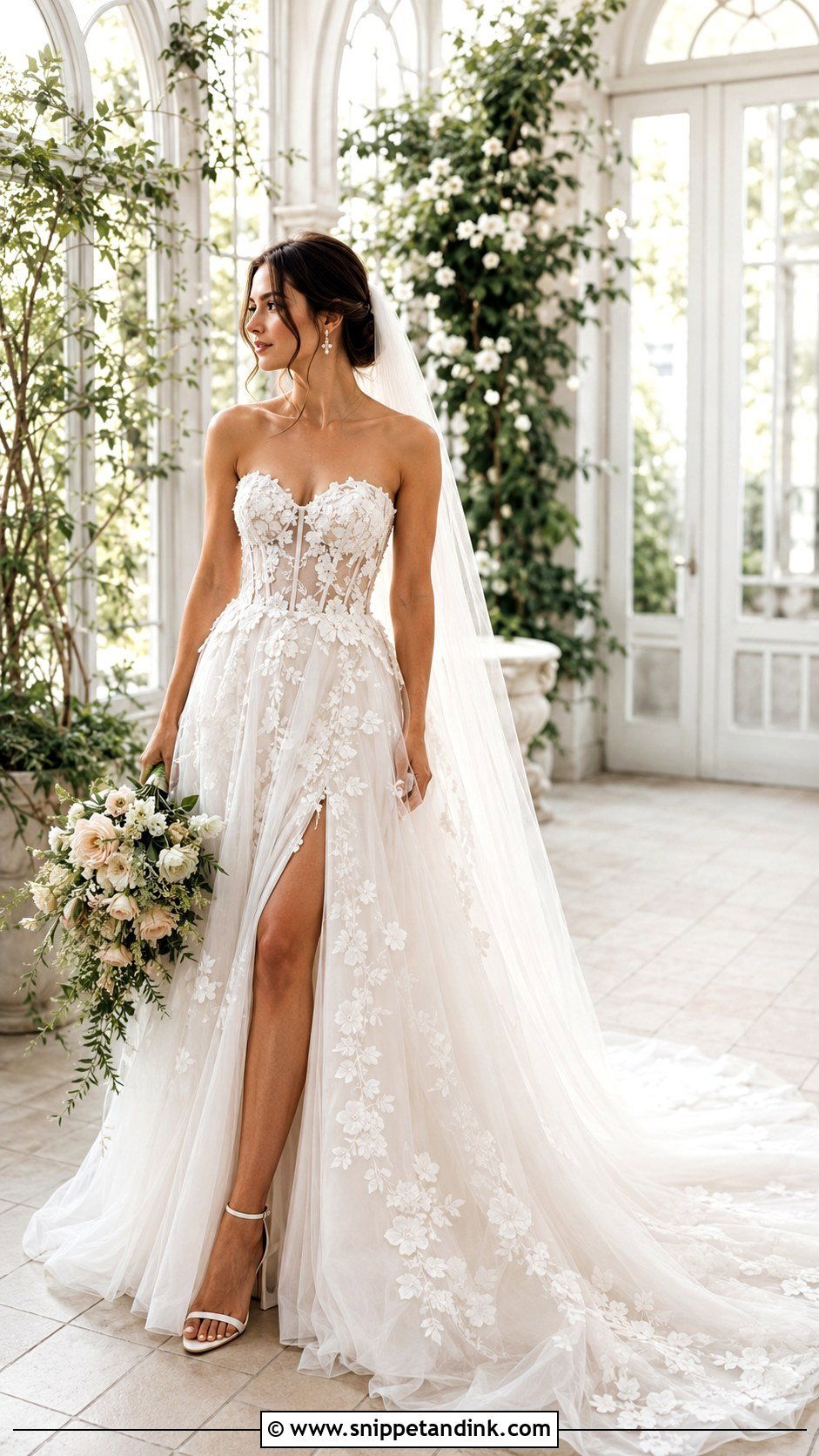 Floral Applique Wedding Dress With Long Train - Snippet and Ink - 20 Long Tail Wedding Dress Ideas