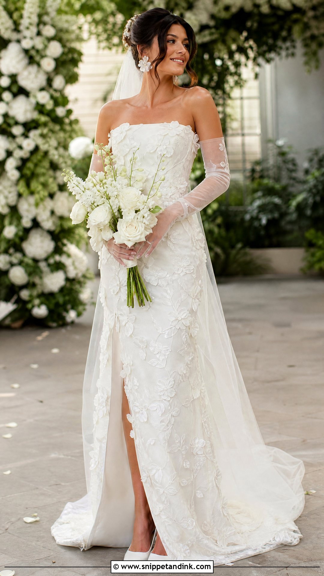 Floral Applique Wedding Dress With Long Tulle Gloves - Snippet and Ink - 20 Wedding Dress with Long Gloves Ideas