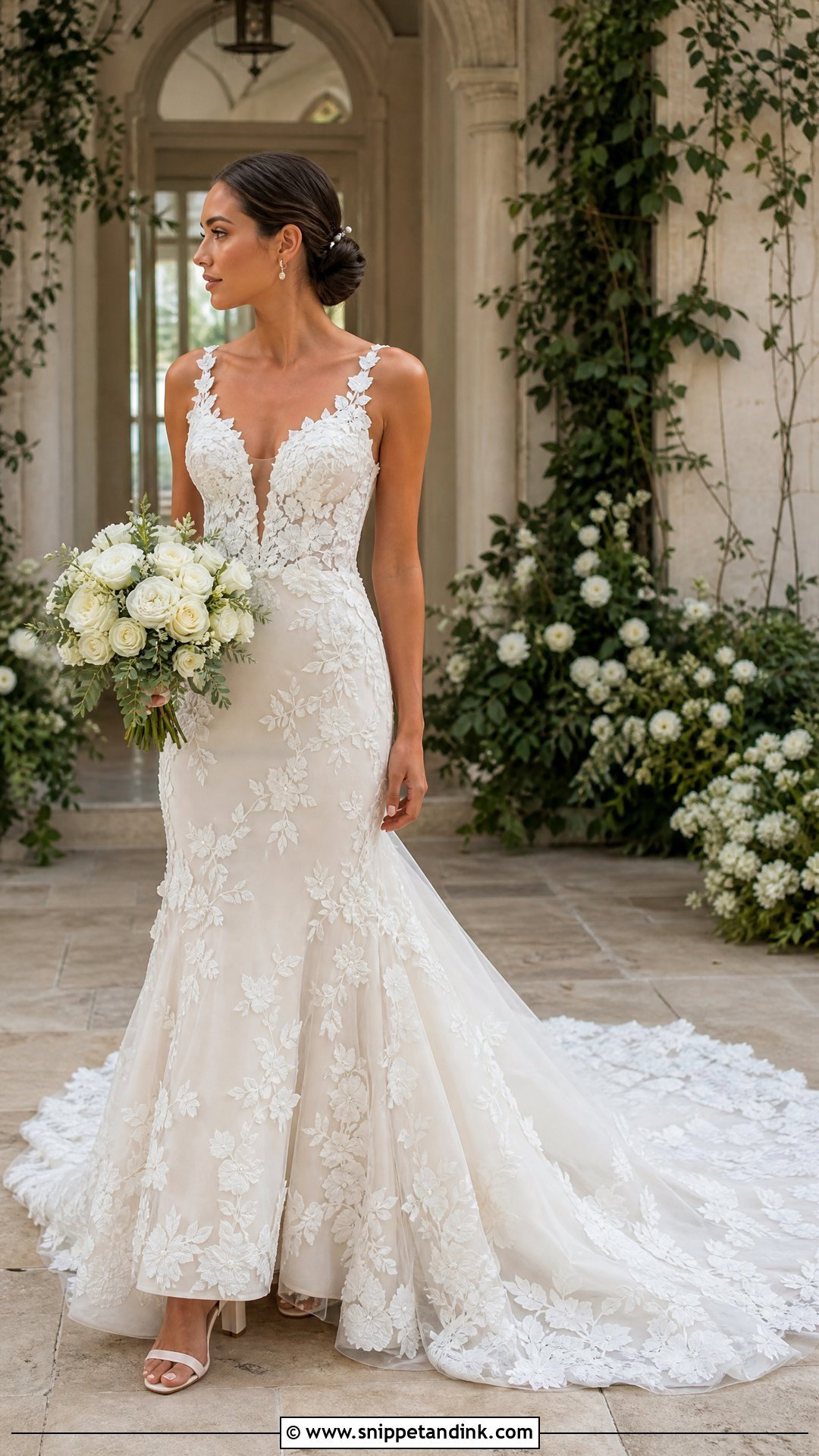 Floral Applique Wedding Dress With Low Bun - Snippet and Ink - 25 Floral Wedding Dress Ideas
