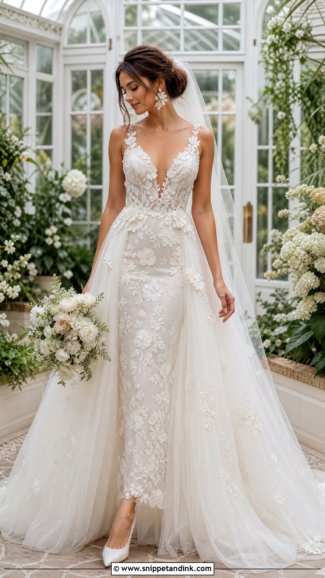 Floral Applique Wedding Dress With Matching Overskirt - Snippet and Ink - 20 Wedding Dress Detachable Skirt Ideas