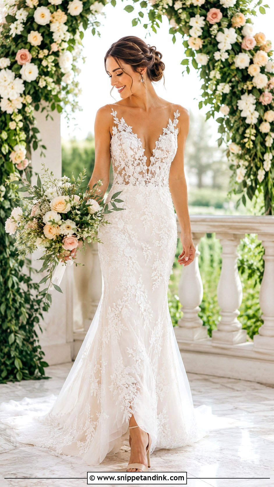 Floral Applique Wedding Dress With Nude Heels - Snippet and Ink - 25 Small Wedding Dress Ideas