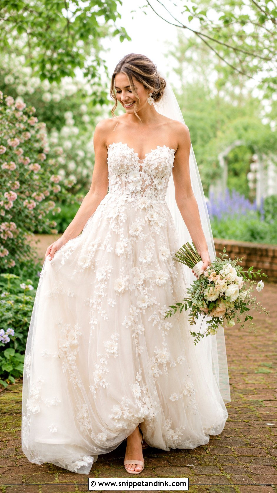 Floral Applique Wedding Dress With Nude Heels - Snippet and Ink - 20 Dress for Marriage Ideas