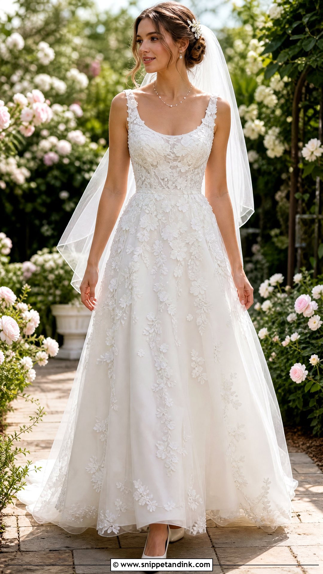 Floral Applique Wedding Dress With Pearl Chain Necklace - Snippet and Ink - 20 Pearl Necklace Wedding Dress Ideas