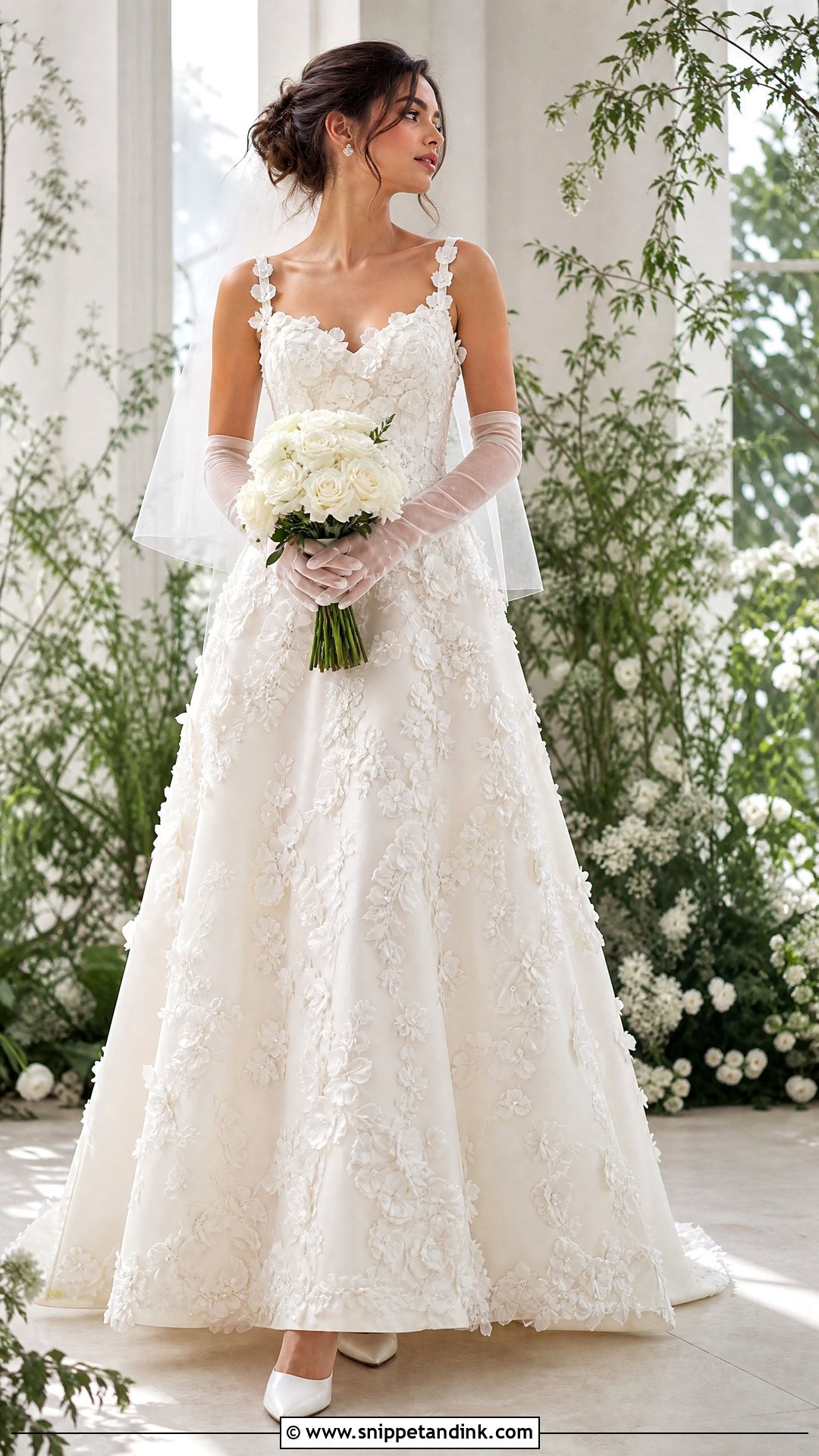 Floral Applique Wedding Dress With Plain Gloves - Snippet and Ink - 20 Wedding Dress and Gloves Ideas
