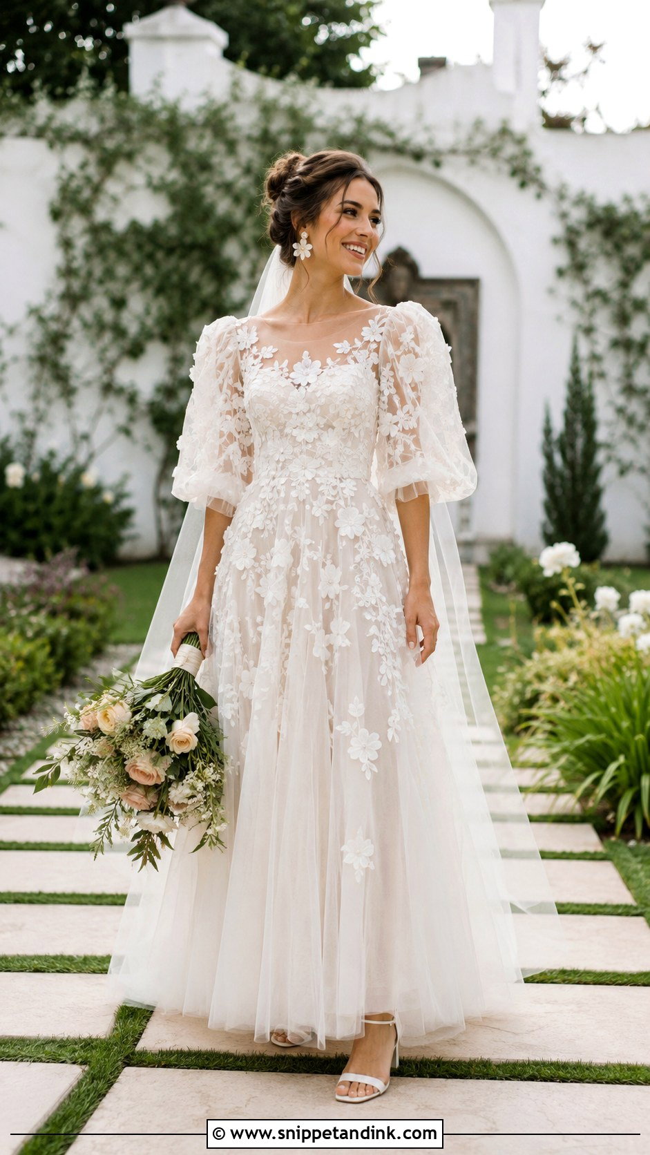 Floral Applique Wedding Dress With Puffy Sleeves - Snippet and Ink - 20 Wedding Dress with Puffy Sleeves